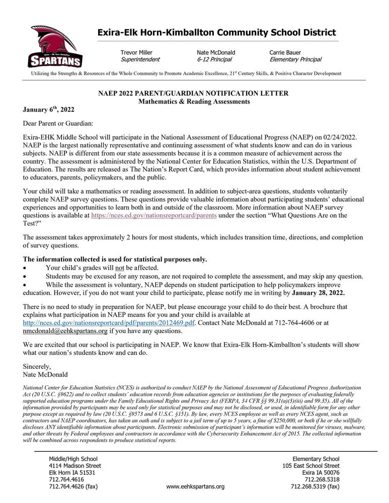 2022 NAEP Parent/Guardian Notification Letter